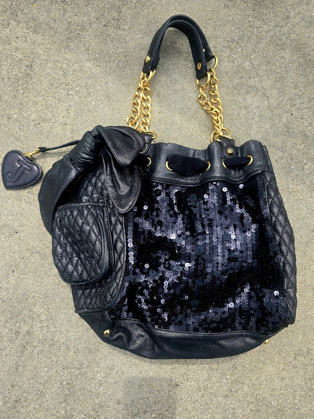 Juicy Couture Black Sequin Quilted Bucket Bag with Gold Chain Handles